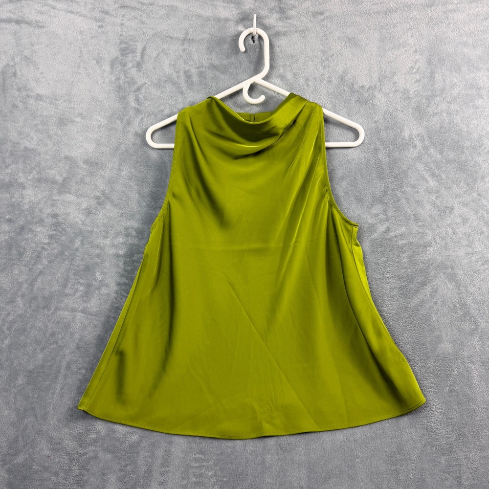 Rachel Zoe Womens M Olive Green Satin Cowl Neck Blouse Quiet Luxury Office Siren